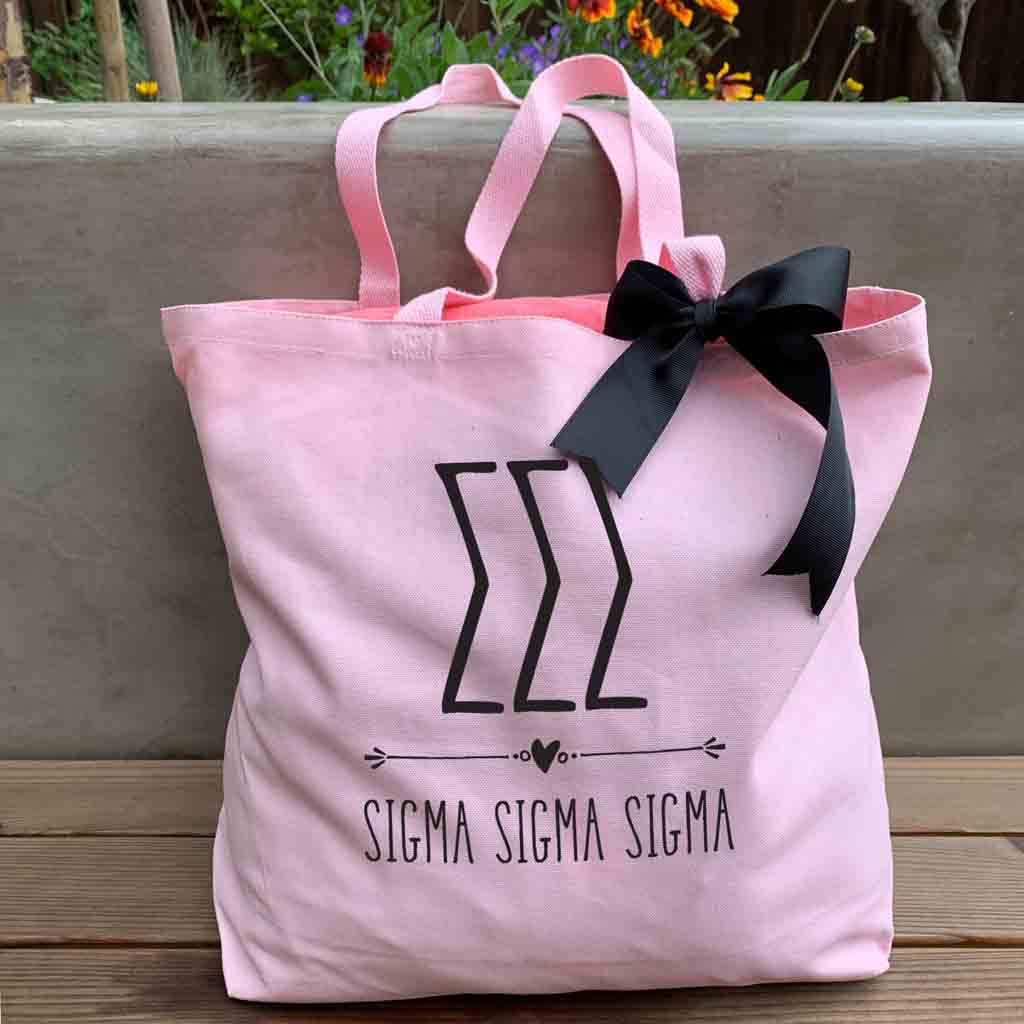 Sigma Sigma Sigma sorority name and letters custom printed on pink canvas tote bag with black bow