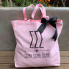 Sigma Sigma Sigma sorority name and letters custom printed on pink canvas tote bag with black bow