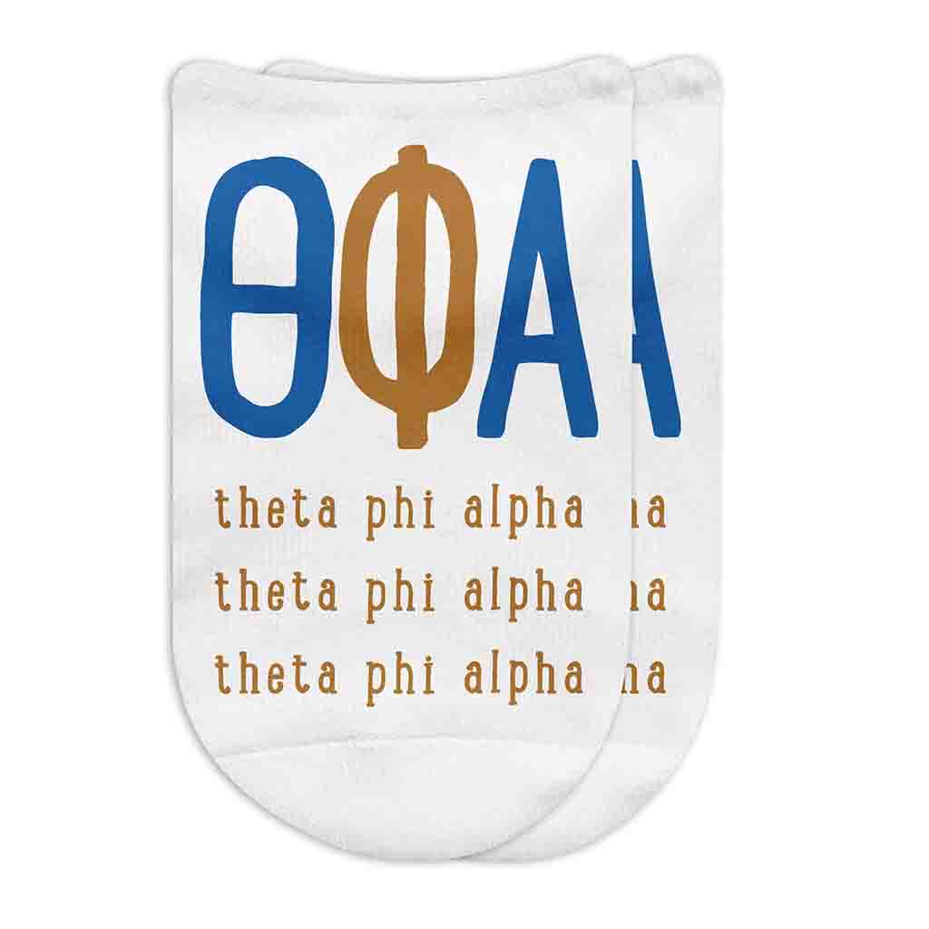 Theta Phi Alpha sorority letters and name digitally printed on no show socks.