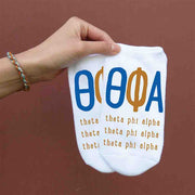 Theta Phi Alpha sorority letters and name digitally printed on no show socks.