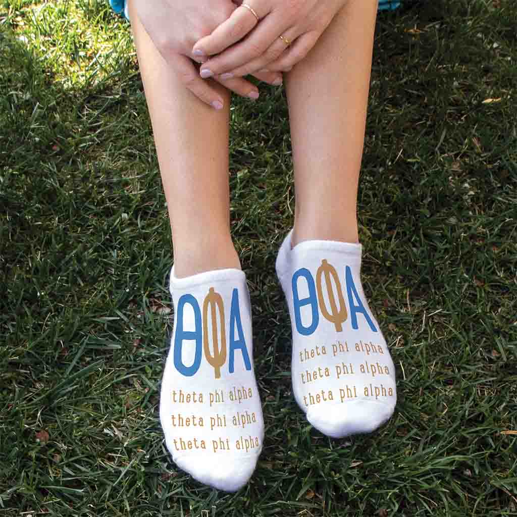 Theta Phi Alpha sorority letters and name digitally printed on no show socks.