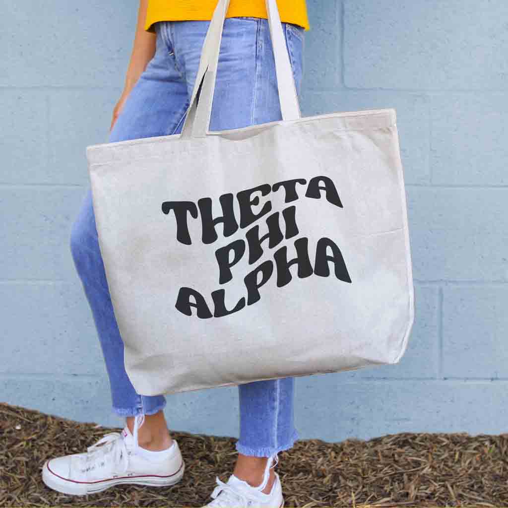 Theta Phi Alpha digitally printed simple mod design on roomy canvas sorority tote bag.