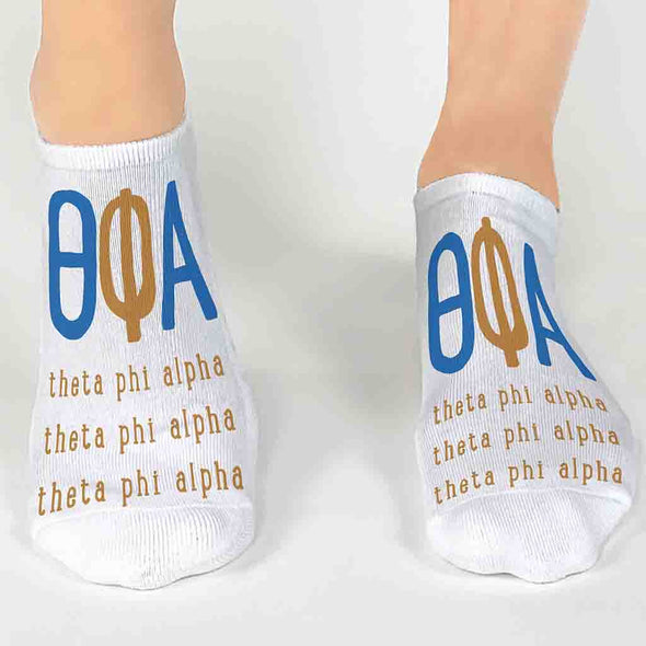 Theta Phi Alpha sorority letters and name digitally printed on no show socks.