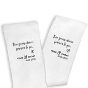 Custom printed two year anniversary socks digitally printed with two years down forever to go a heart design and personalized with your names and date.