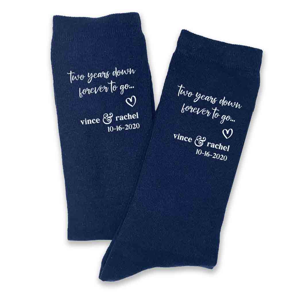 Two year anniversary gift of cotton custom printed socks personalized with names and wedding date in white ink on navy cotton dress socks