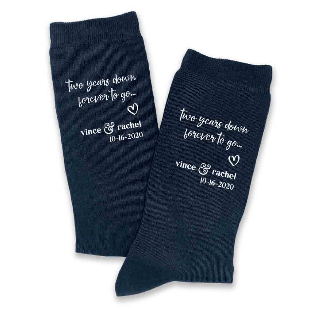 Custom printed 2nd anniversary wedding socks with name and date make a great cotton gift
