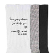 Custom printed two year anniversary socks digitally printed with two years down forever to go a heart design and personalized with your names and date.