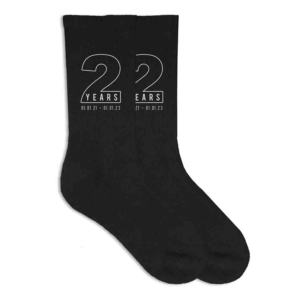 Two year anniversary digitally printed two and personalized with your wedding date printed on cotton socks.