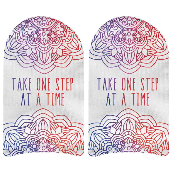 Take one step at a time self affirmation design digitally printed on comfy white cotton no show socks.