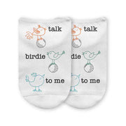 These cotton blend 1/2 cushion no show socks are digitally printed on the top of the socks with a fun birdie design.