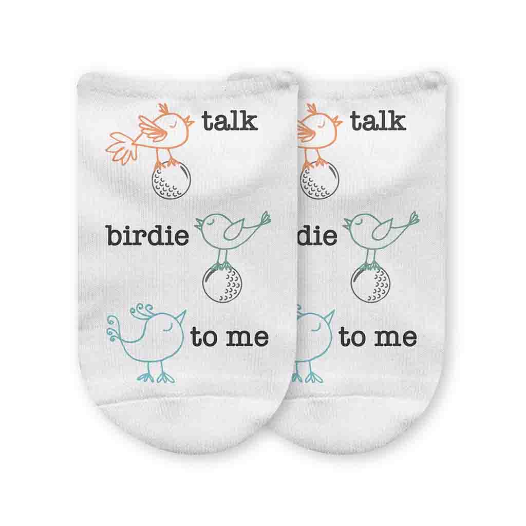 These cotton blend 1/2 cushion no show socks are digitally printed on the top of the socks with a fun birdie design.