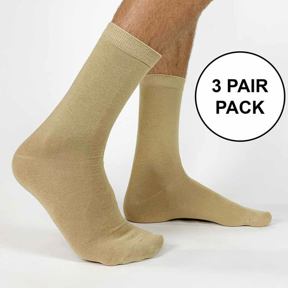 Tan flat knit dress socks sold in a three pair pack blank as is with no printing.