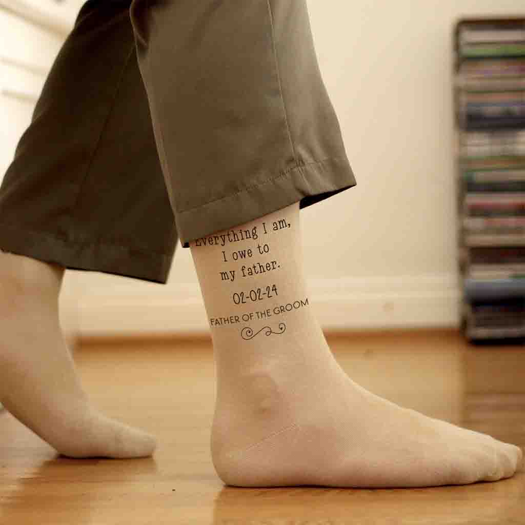 Super cute tan flat knit dress socks custom printed and personalized with your wedding date.