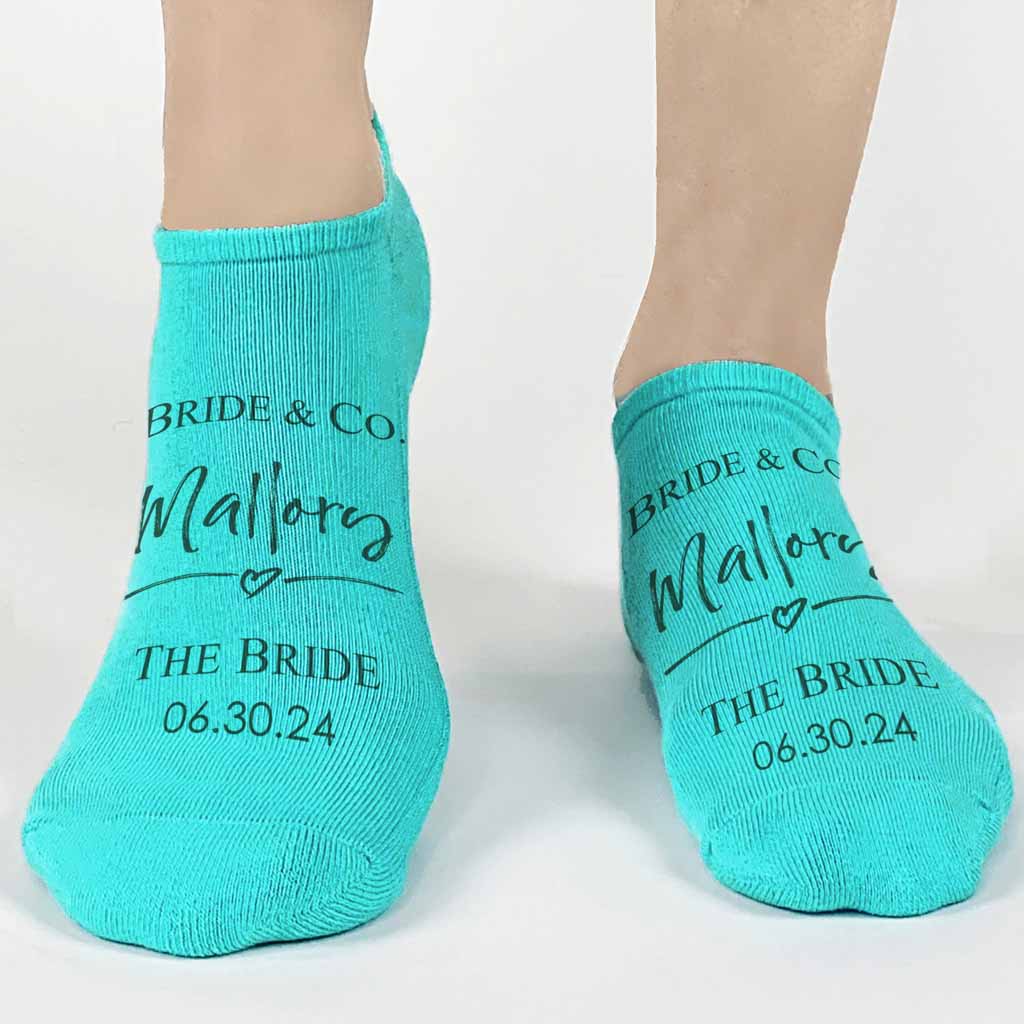 The bride custom wedding no show socks for the bridal party with a tiffany style design.