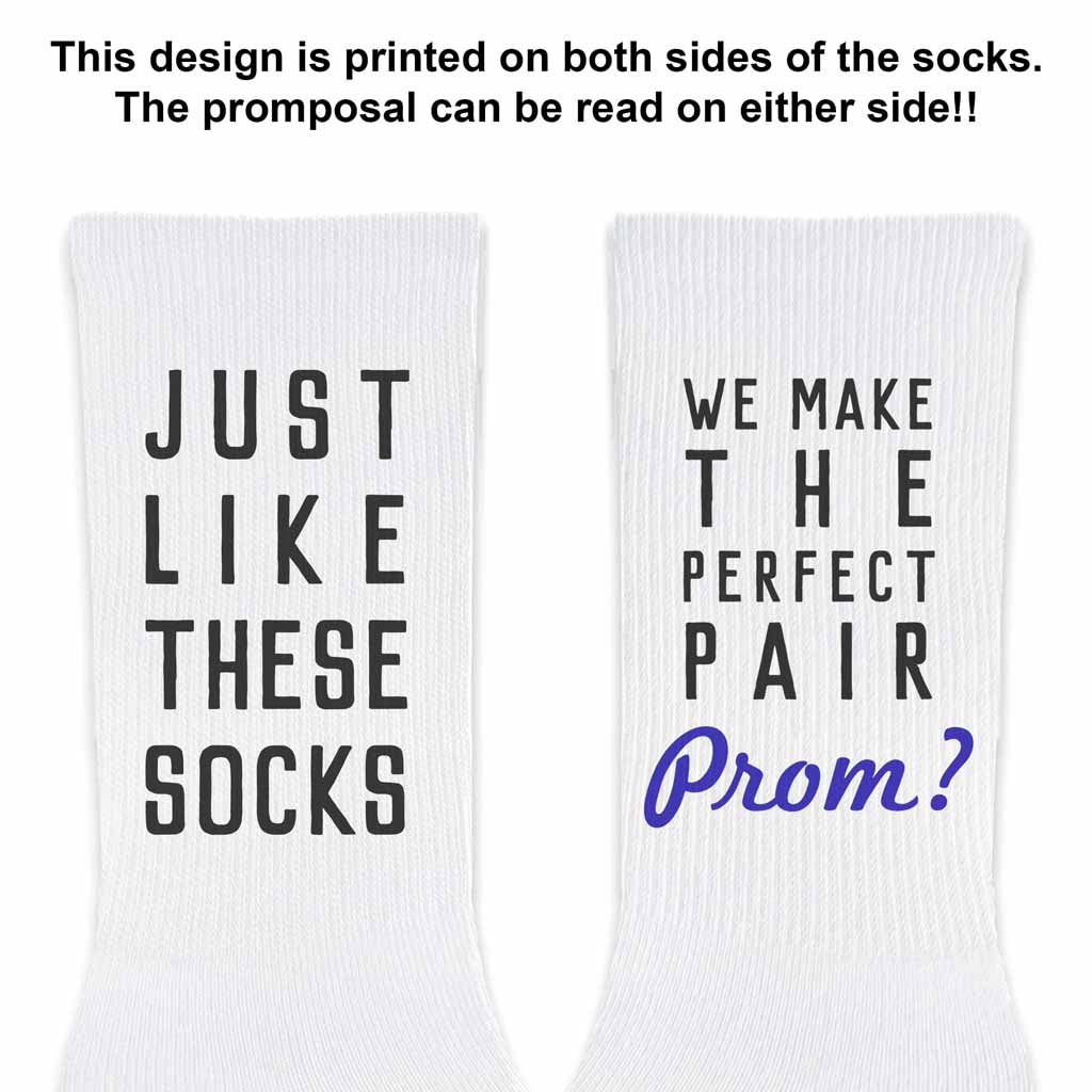 Just like these socks we make the perfect pair custom printed to ask your special date to the high school prom make these the perfect white cotton crew socks.