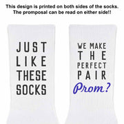 Just like these socks we make the perfect pair custom printed to ask your special date to the high school prom make these the perfect white cotton crew socks.