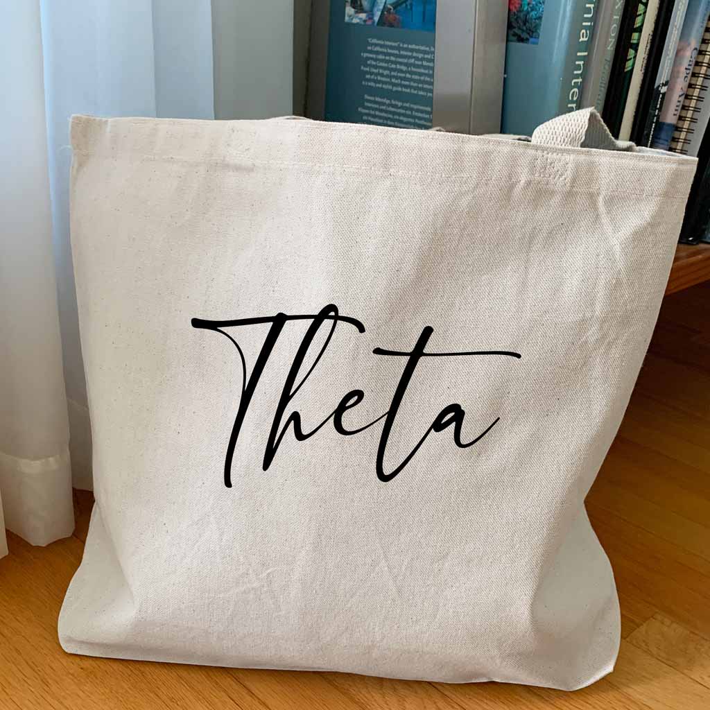 Theta sorority nickname custom printed on canvas tote bag is the perfect college tote bag.