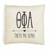 TPA sorority letters and name in boho style design custom printed on white or natural cotton throw pillow cover.
