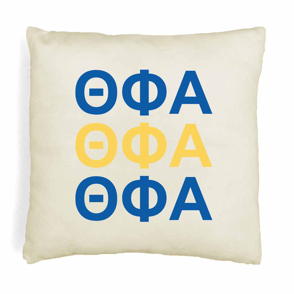 Theta Phi Alpha sorority letters digitally printed in sorority colors on white or natural cotton throw pillow cover makes a great affordable gift idea.