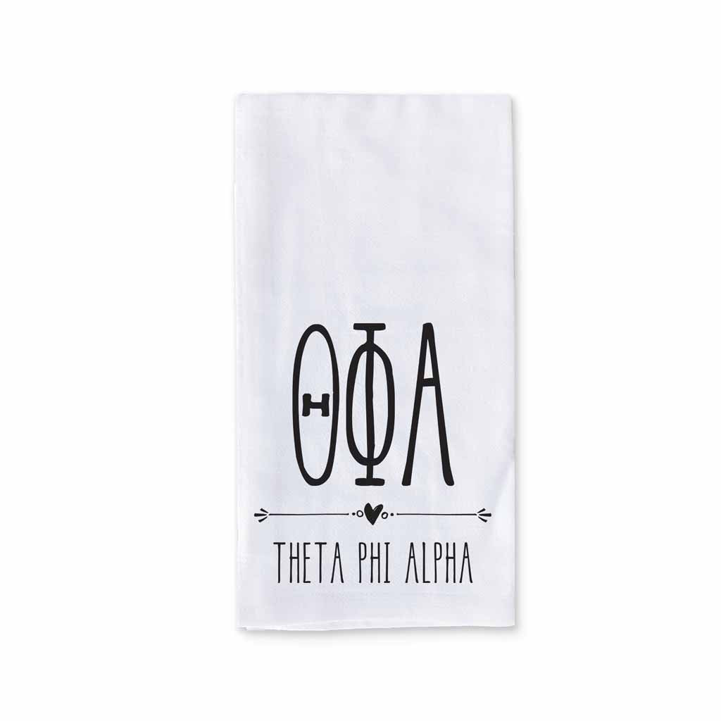 Theta Phi Alpha sorority name and letters digitally printed on cotton dishtowel with boho style design.