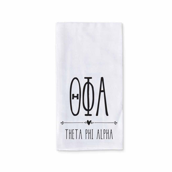 Theta Phi Alpha sorority name and letters custom printed with boho style design on white cotton kitchen towel.