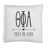 Theta Phi Alpha sorority name and letters in boho style design digitally printed on throw pillow cover.