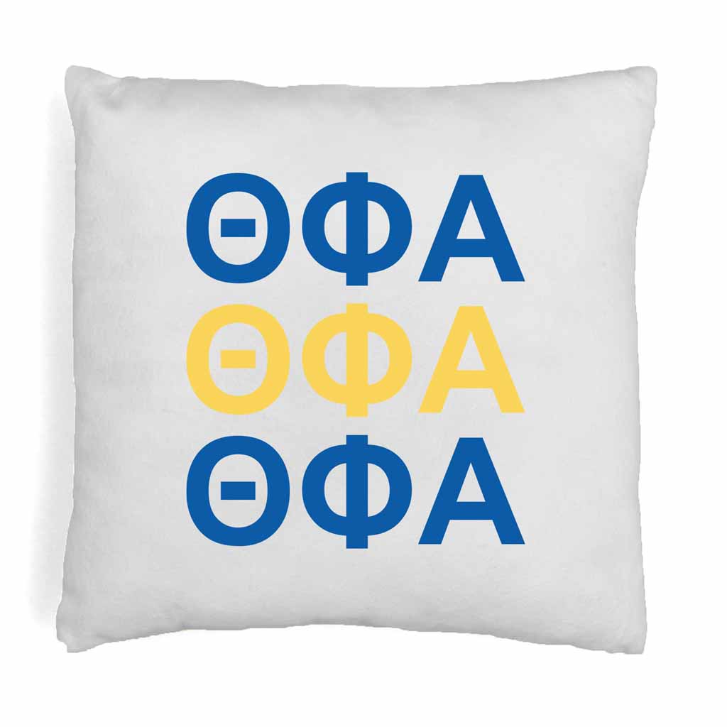 Theta Phi Alpha sorority letters digitally printed in sorority colors on throw pillow cover.