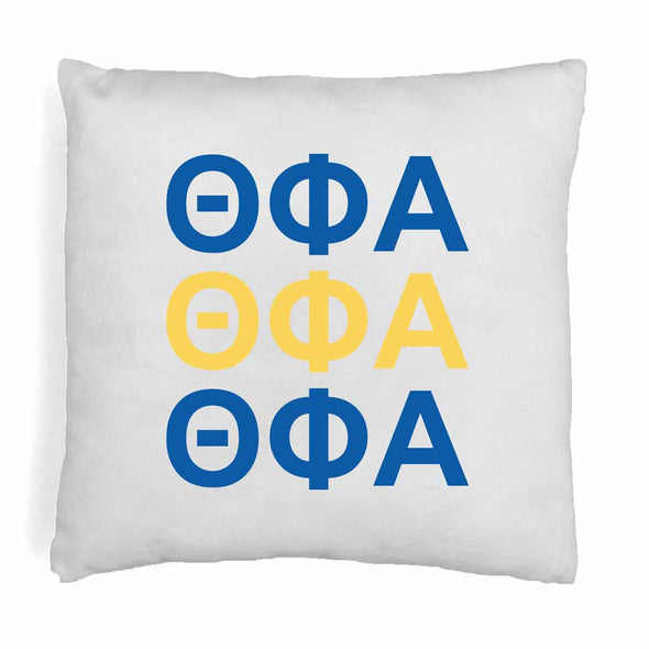 Theta Phi Alpha sorority letters digitally printed in sorority colors on throw pillow cover.