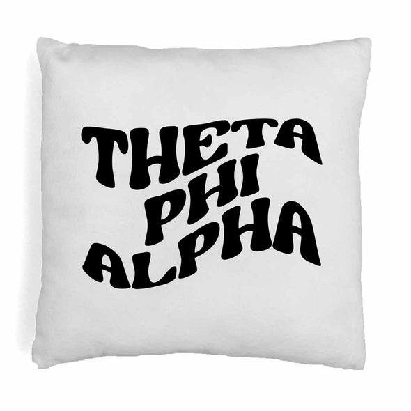 Theta Phi Alpha sorority name in mod style design digitally printed on throw pillow cover.