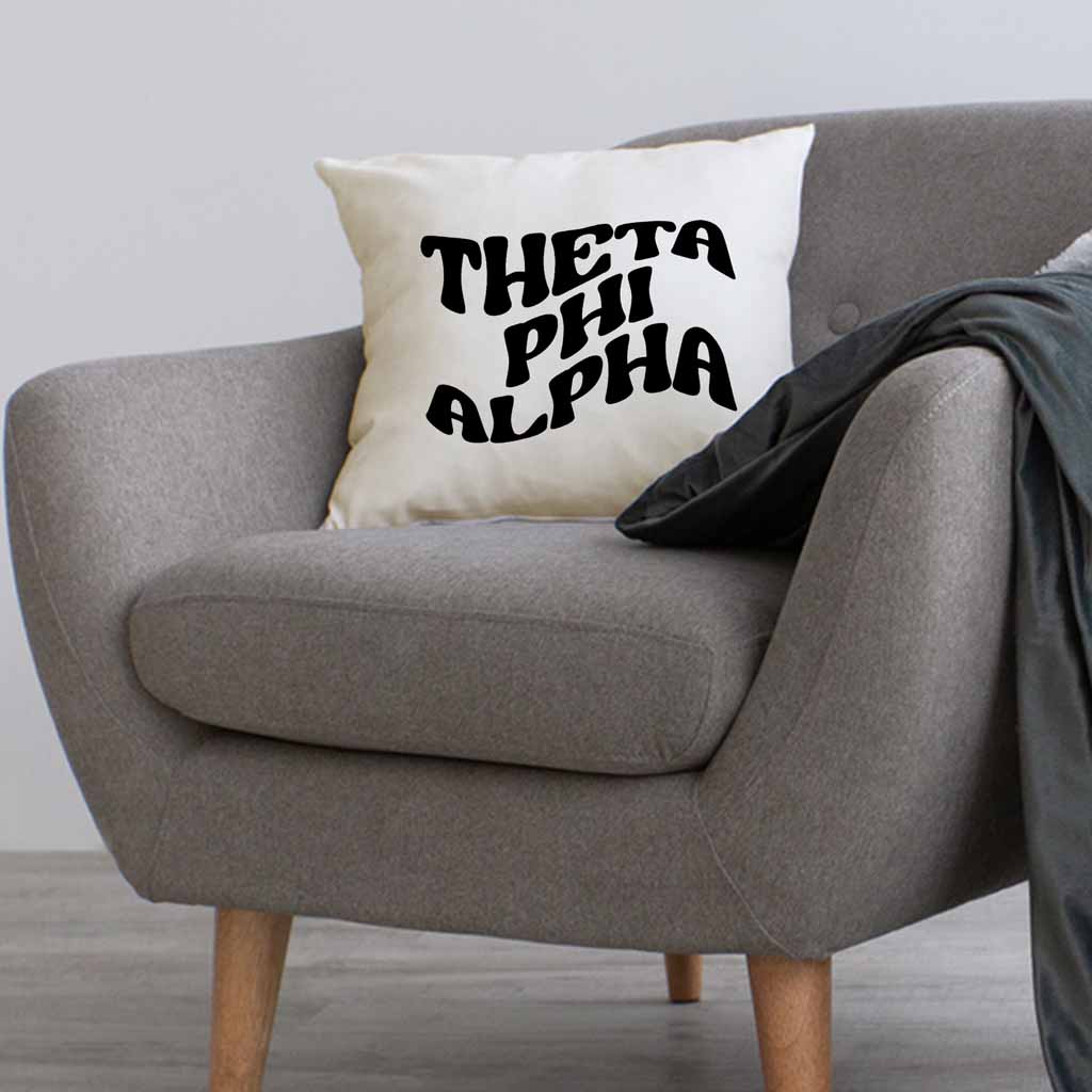 Theta Phi Alpha sorority name in mod style design custom printed on white or natural cotton throw pillow cover.