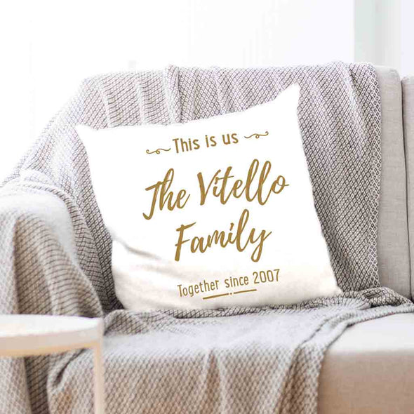 Custom printed accent throw pillow cover with this is us design and personalized with your family name and date.