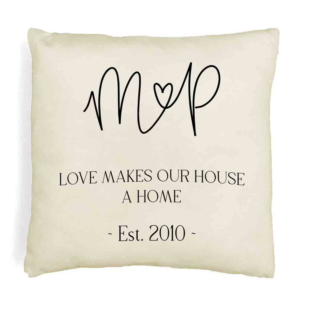 Personalized monogram throw pillow cover with loves makes our house a home and established year.