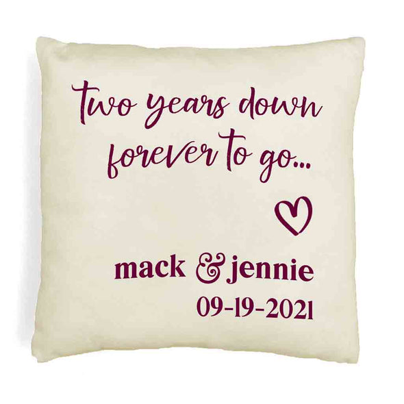 Two year anniversary design digitally printed with your names and date on throw pillow cover.