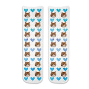 Photo face socks personalized using your photos of your cat printed all over the crew socks with blue hearts background makes the perfect gift for any occasion.