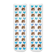 Photo face socks personalized using your photos of your cat printed all over the crew socks with blue hearts background makes the perfect gift for any occasion.