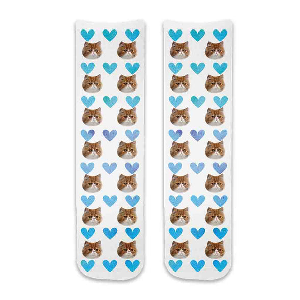 Photo face socks personalized using your photos of your cat printed all over the crew socks with blue hearts background makes the perfect gift for any occasion.