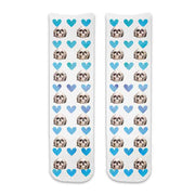 Custom pet photo socks personalized using your dogs photo digitally printed on cotton crew socks with blue hearts background is the perfect gift for your grandma!