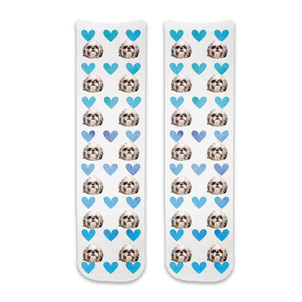 Custom pet photo socks personalized using your dogs photo digitally printed on cotton crew socks with blue hearts background is the perfect gift for your grandma!