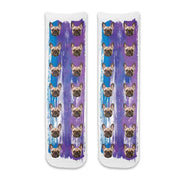 Adorable custom dog photo face socks printed all over the cotton crew socks using your photos on purple blue paint brush background make a unique gift.