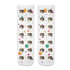 Custom photo face socks personalized using your cats photo printed all over the cotton crew socks with paint splats backbround.