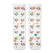Custom printed dog face socks personalized using your dogs photos printed all over on cotton crew socks with paint splats background make a cute gift idea.
