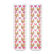 Photo face socks personalized using your cats photos printed all over the cotton crew socks with pink hearts background.