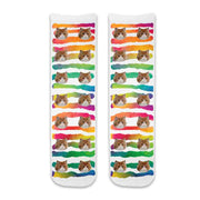 Personalized photo face socks custom printed with your cats photos printed all over the cotton crew socks with rainbow stripes background.