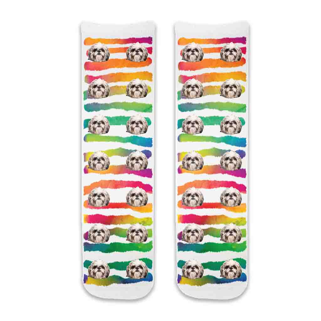 Cute dog photos socks personalized using your dogs photos custom printed all over cotton crew socks with rainbow wash stripes background.