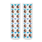 Photo face socks personalized using your photos custom printed on cotton crew socks with blue hearts background is a fun idea for a baby shower favor or new parents!