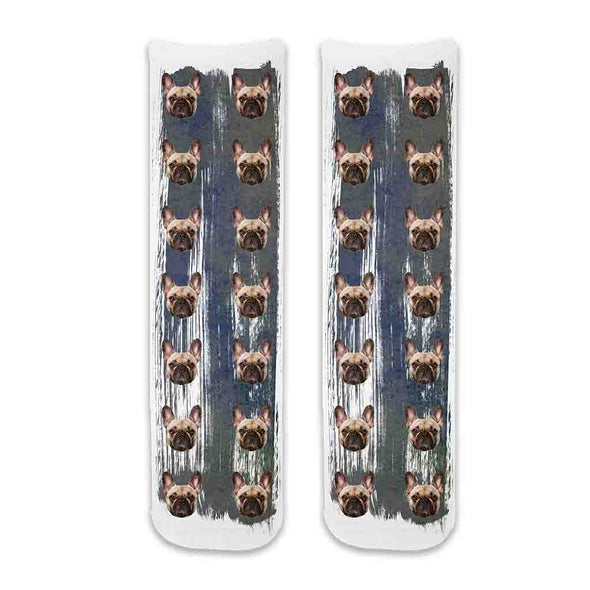 Custom printed photo face socks personalized using your photos digitally printed on cotton crew socks with gray paint brush background will be fun to wear!