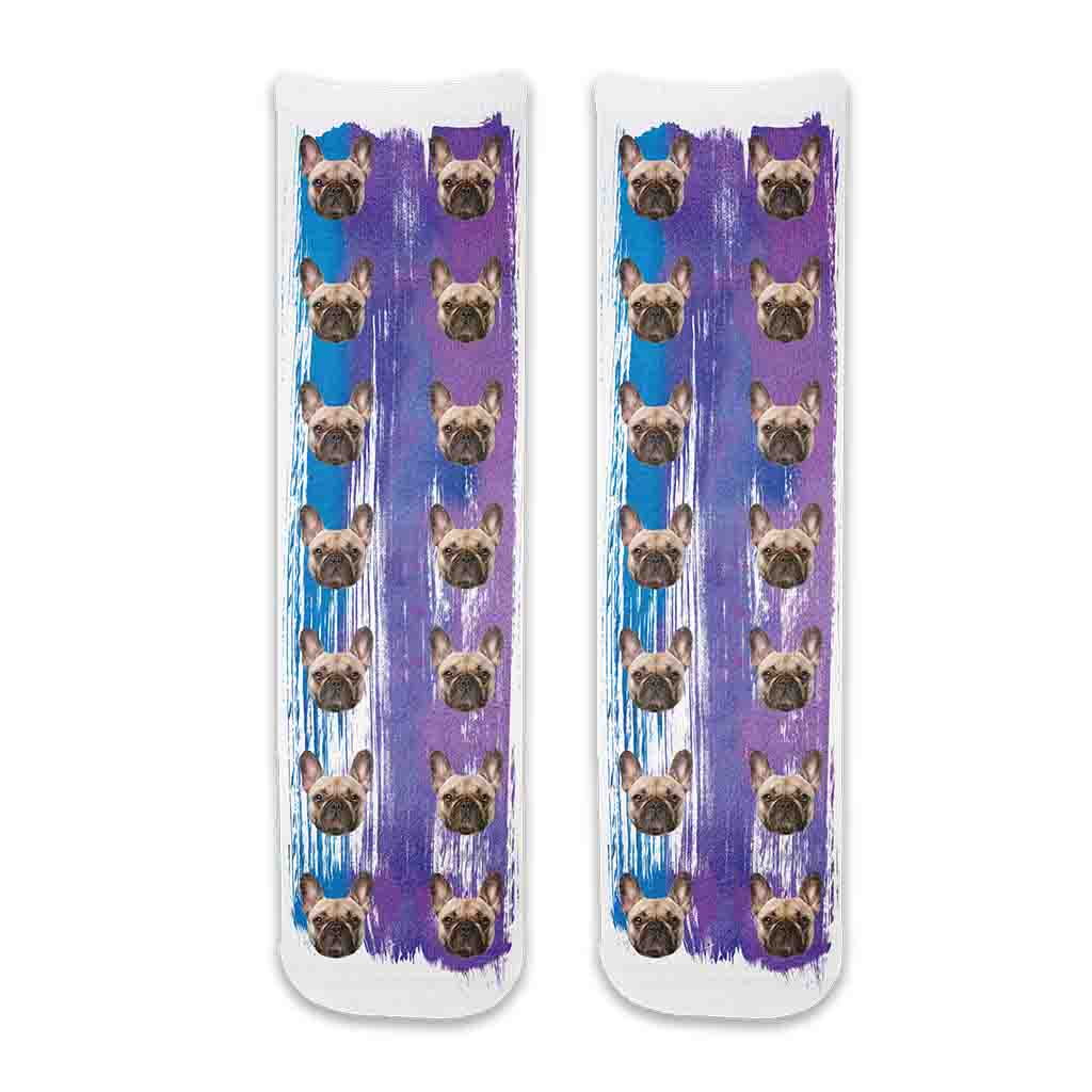 Custom face socks using your photos printed on cotton crew socks with purple blue paint brush background make a great party favor at your pets next birthday bash!