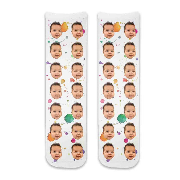 Adorable personalized photo face socks custom digitally printed using your photos on cotton crew socks with paint splat background is a great gift for Dad.