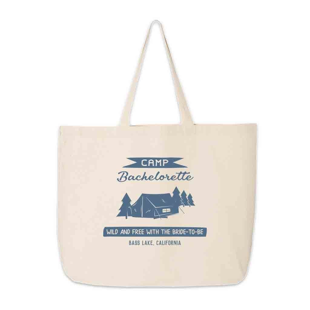 Camp bachelorette custom digitally printed weekend tote bag