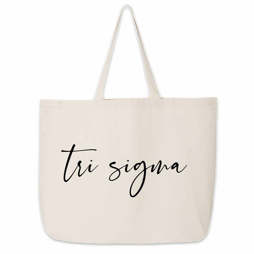 Tri Sigma roomy canvas tote bag custom printed with sorority nickname makes a great college carry all.